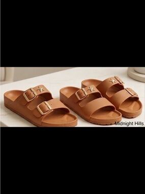 Casual Double-Buckle Tan Slide Sandals